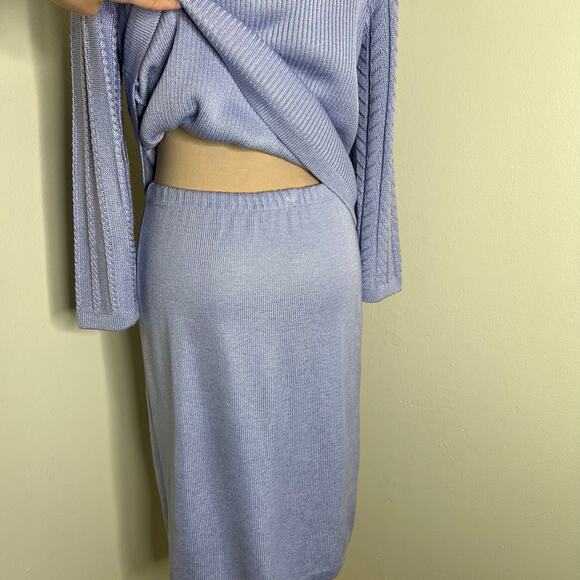 Vintage Mita Skirt Set Sweater Cardigan 4P Purple Knit Matching 2 Piece 80s Midi - Picture 6 of 10